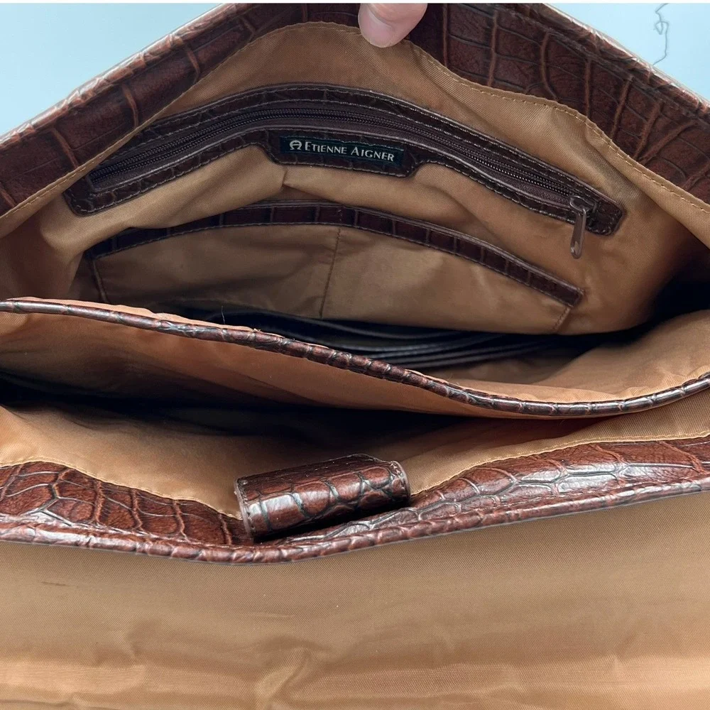 Etienne Aigner Laptop Messenger Bag Women Large Brown Good Croc Embossed
